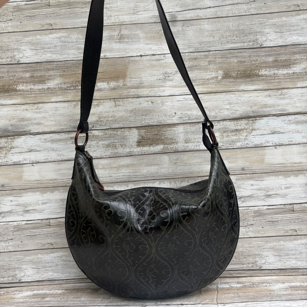 DKNY Shoulder Bag Large Green‎ Black Leather Embossed Hobo Filigree Hippie Boho